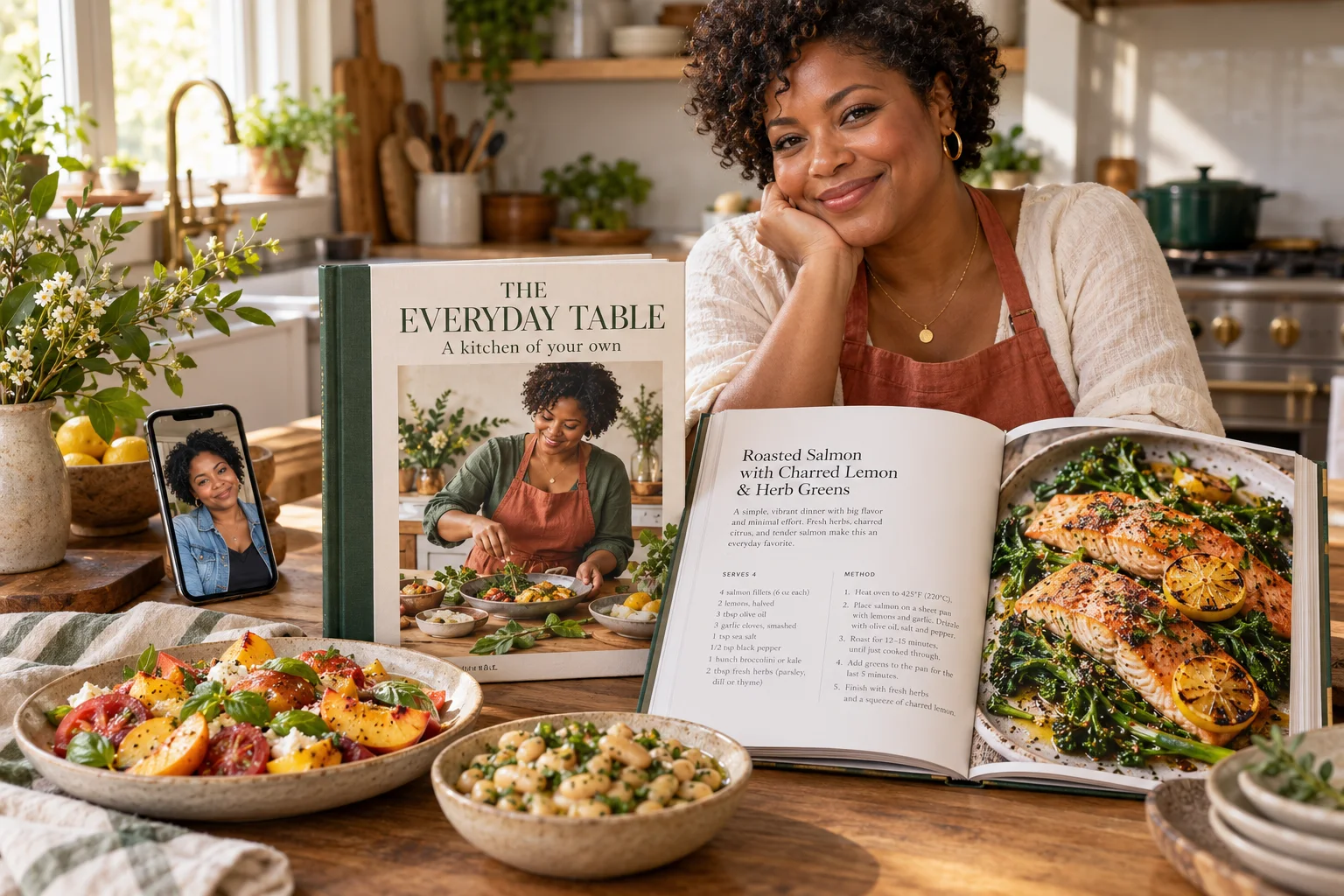 Illustrative AI scene: a cooking creator, her portrait on a phone, a personalized cookbook cover and open food-rich recipe pages in her kitchen