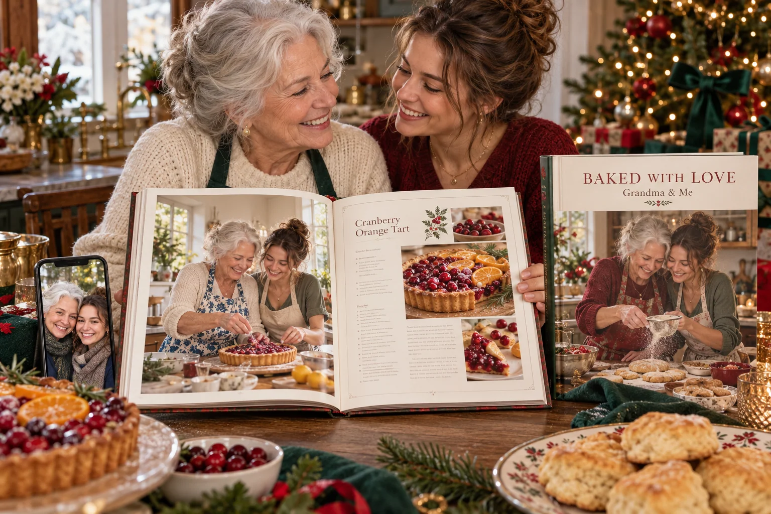Illustrative Christmas gift: a grandmother and granddaughter with their own personalized baking cookbook