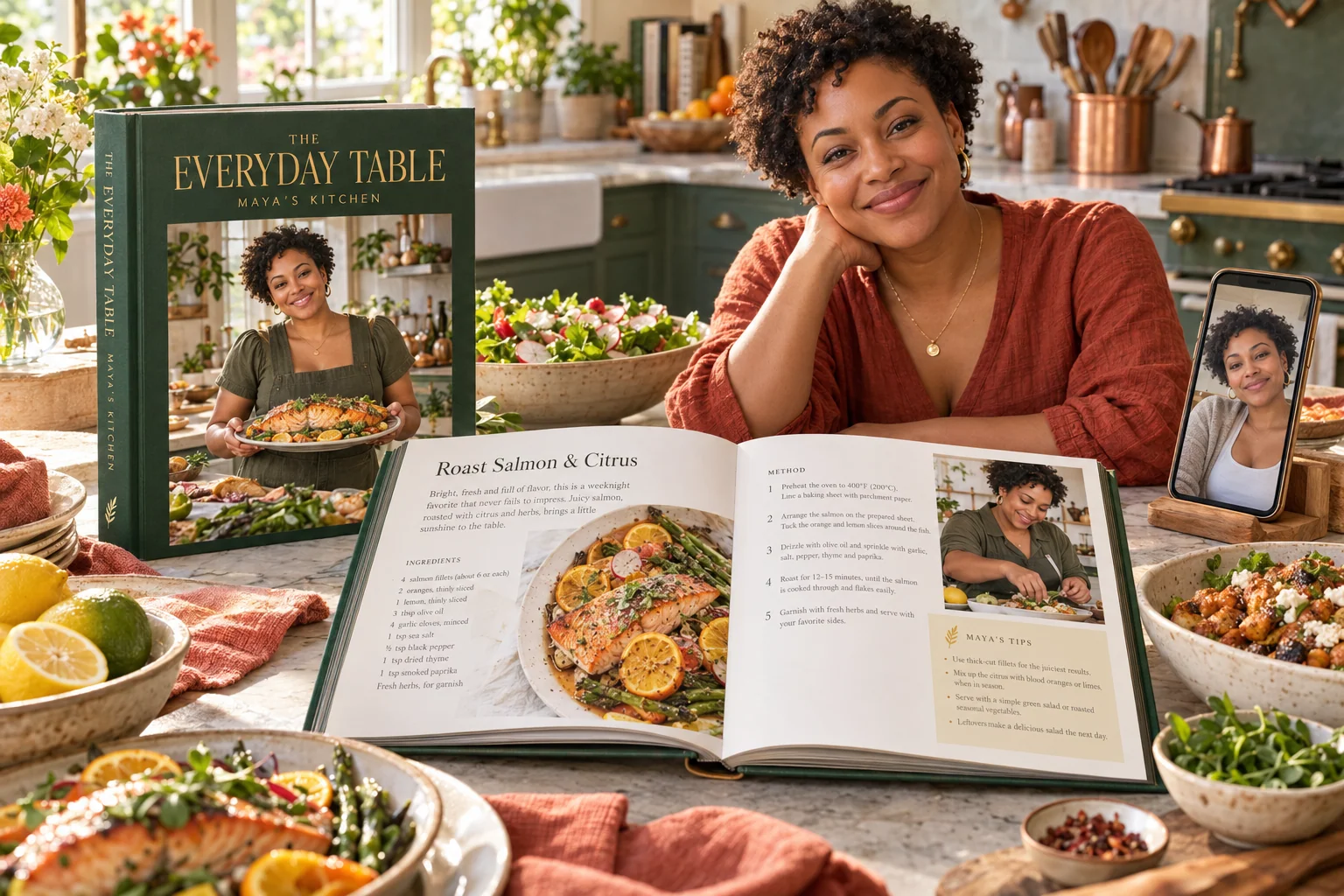 Illustrative cookbook concept with an author’s source portrait, personalized cover and food-rich interior pages