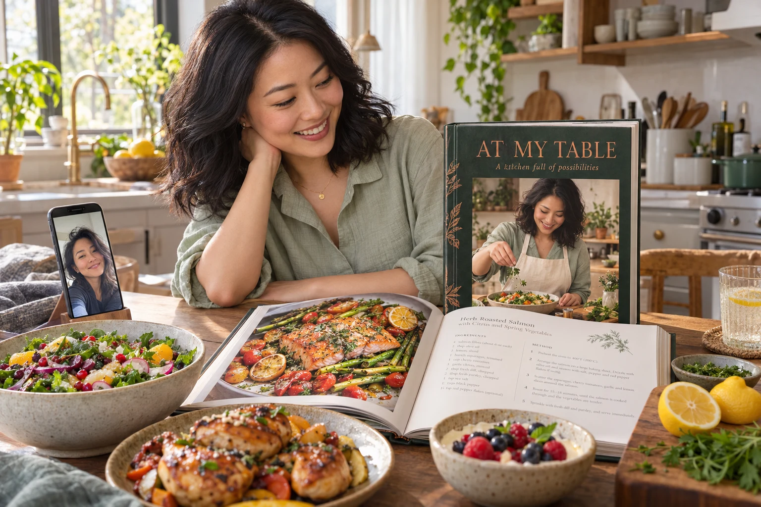 Illustrative personal cookbook with an author portrait, vibrant dishes and recipe pages
